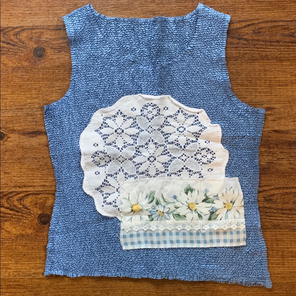 Upcycled Blue Popcorn Crinkle Patchwork Top | Cottagecore Vintage Doily